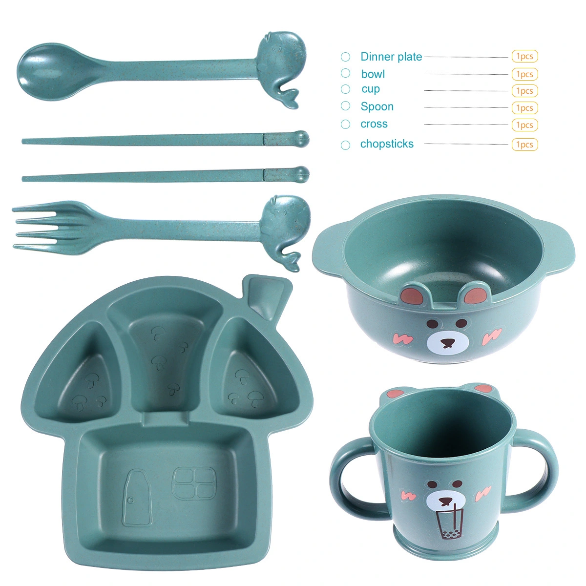 1 Set of 6Pcs Child Compartment Dinner Plate Set Food Container Tableware (Dark Green 1Pc Dinner Plate 1Pc Bowl 1Pc Cup 1Pc Spoon 1Pc Fork 1 Pair of Chopsticks)