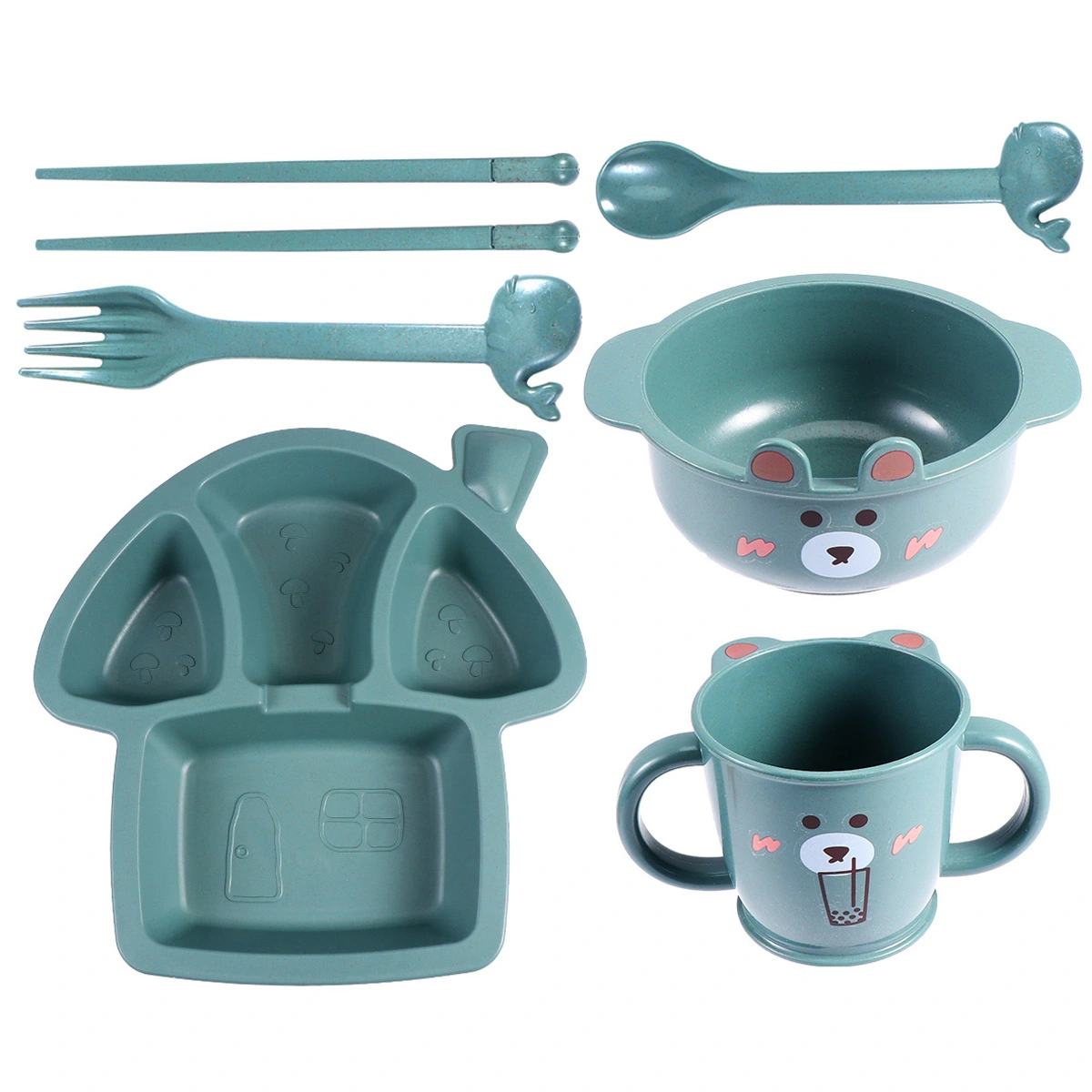 1 Set of 6Pcs Child Compartment Dinner Plate Set Food Container Tableware (Dark Green 1Pc Dinner Plate 1Pc Bowl 1Pc Cup 1Pc Spoon 1Pc Fork 1 Pair of Chopsticks)