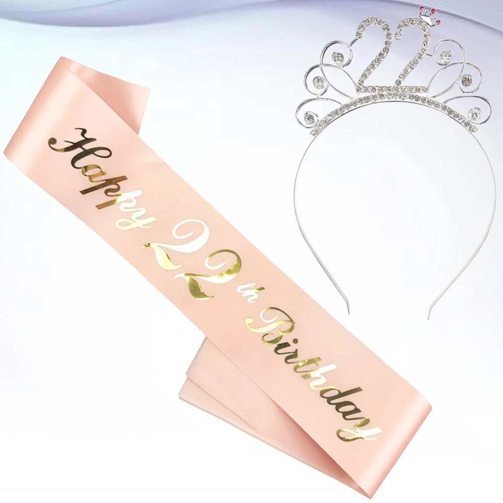 2pcs Birthday Sash Crown Set Decoration Rose Gold Stamping Letter Printing Etiquette Belt Party Supplies Dress Up Favors (22 Years Old)