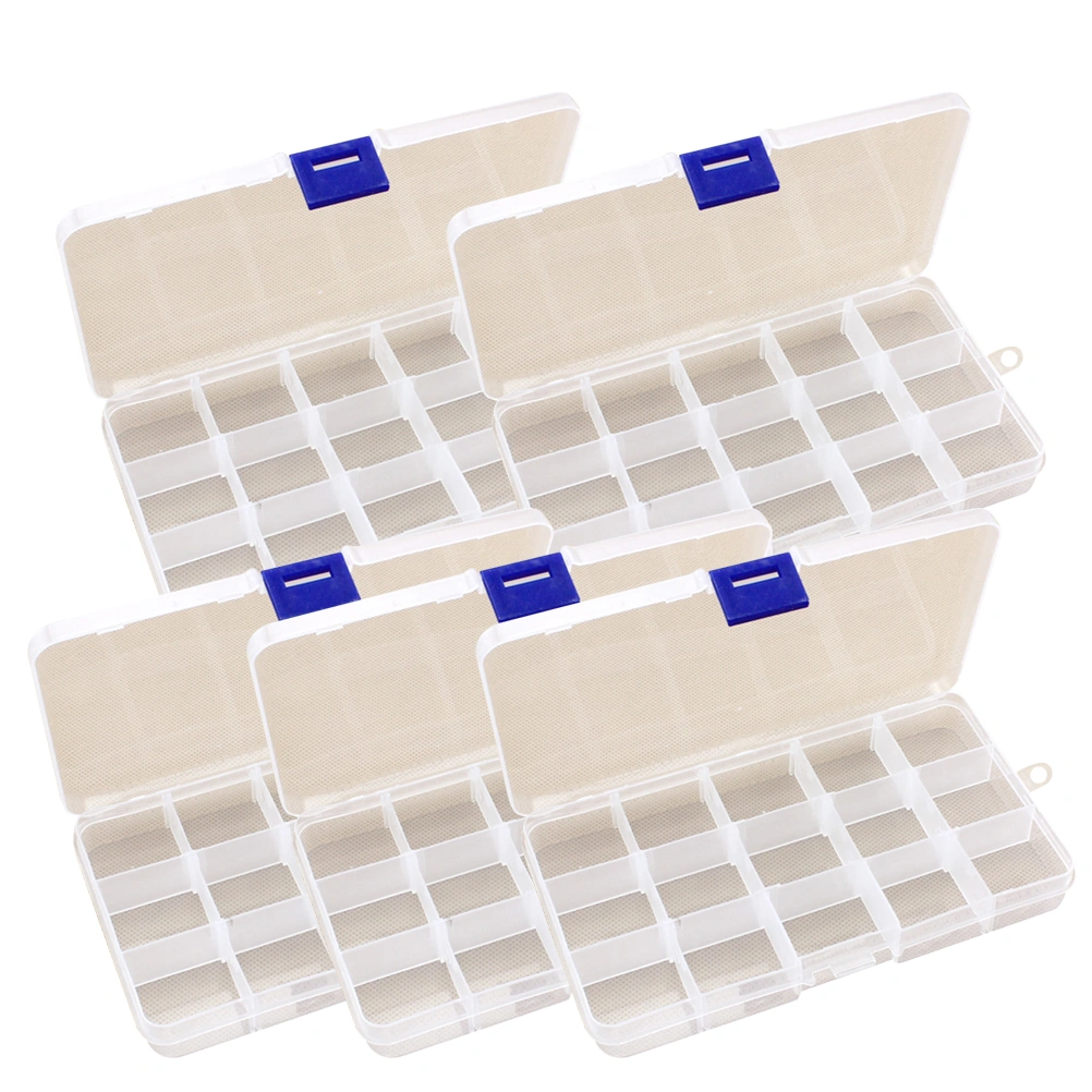 5Pcs Detachable Plastic Storage Box 15 Grids Jewelry Holder Storage Container Multi-function Packing Box Organizer for Electronic Components (Random Color)