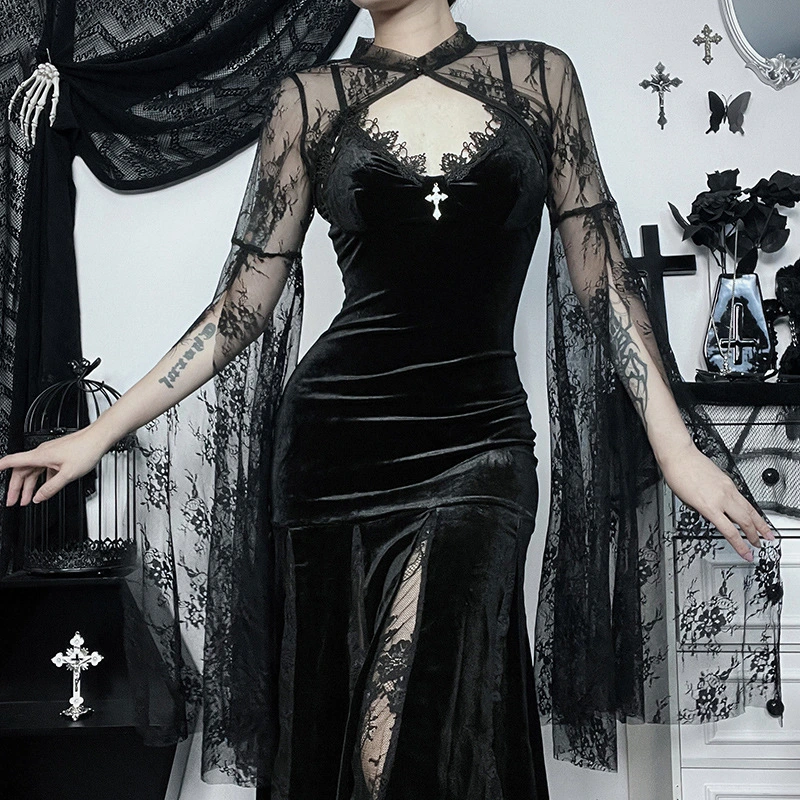Elegant Slim-fit Dark Lace Embossed Long Sleeve Smock Top Women