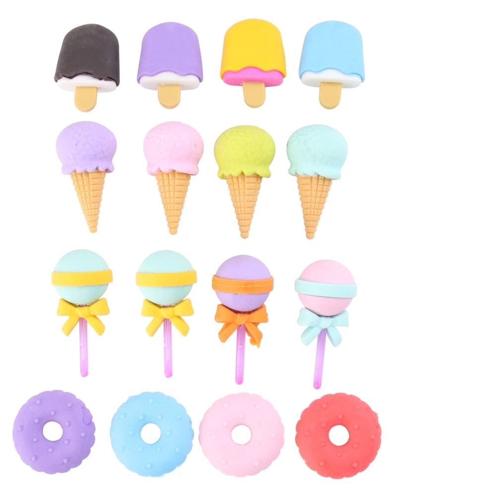 4 Boxes of Fruit Animal Shaped Pencil Eraser Students Cartoon Eraser Creative Stationery School Supplies for Kids Child (Ice Cream + Ice-Cream Cone + Lollipop + Doughnut, 1 Box 4Pcs for Each)