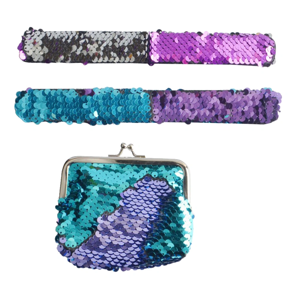 3pcs Sequin Slap Bracelet Coin Purse Change Purse Coin Wallet Sets for Kids Children (2pcs Slap Bracelet + 1pc Coin Purse, Blue Purple)