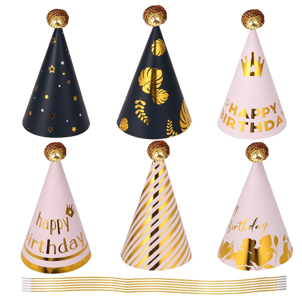 6Pcs/ Set Birthday Party Hat Sequins Ball Triangle Hat Adorable Paper DIY for Kids Children (Mixed Color, Diagonal Stripes, Leaves, Flowers and Grass, Stars, Double Gold Pattern, Crown)