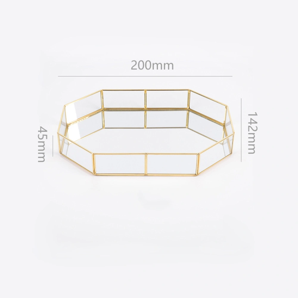 Nordic Style Simple Cosmetics Tray Copper Strip Glass Polygon Shaped Makeup Storage Tray Desktop Jewelry Plate Home Necklace Storage Plate (Size S)