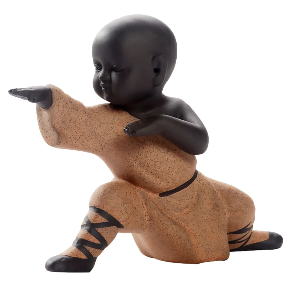 1pc Kung Fu Monk Decor Purple Sands Statue Temple Style Ornament Tea Pet Arrangement for Home Shop (Posture 1)