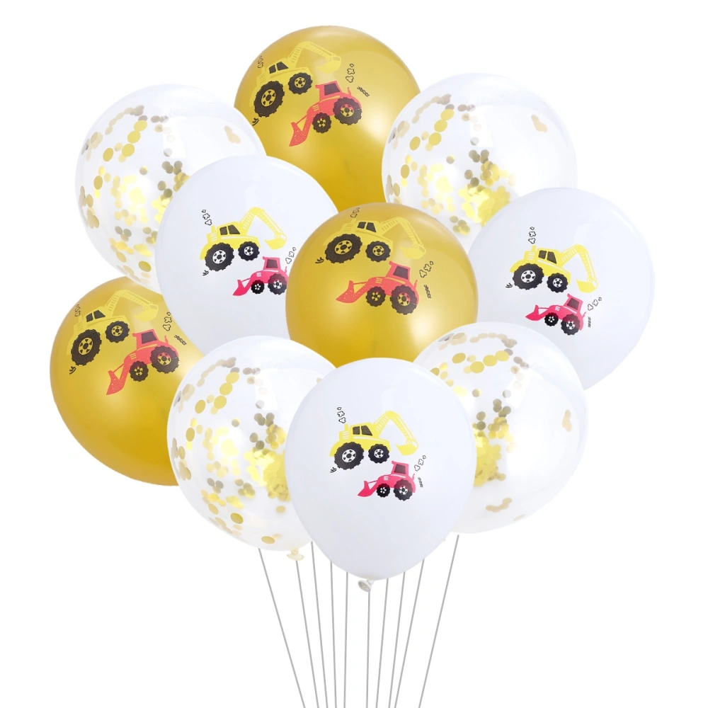 10pcs 12 Inches Excavator Construction Vehicle Printing Balloons Set Birthday Party Supplies Latex Sequin Balloons Party Decoration Without Ribbon(3pcs White+3pcs Yellow+4pcs Golden Sequin Balloons)