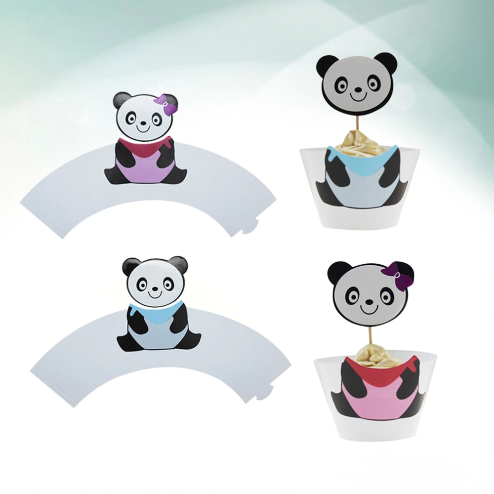 24 Pcs Adorable Pandas Cupcake Toppers and Wrappers Cake Decoration Baking Cake Pick Birthday Cupcake Topper for Children Birthday Gathering Party (Without Stick)