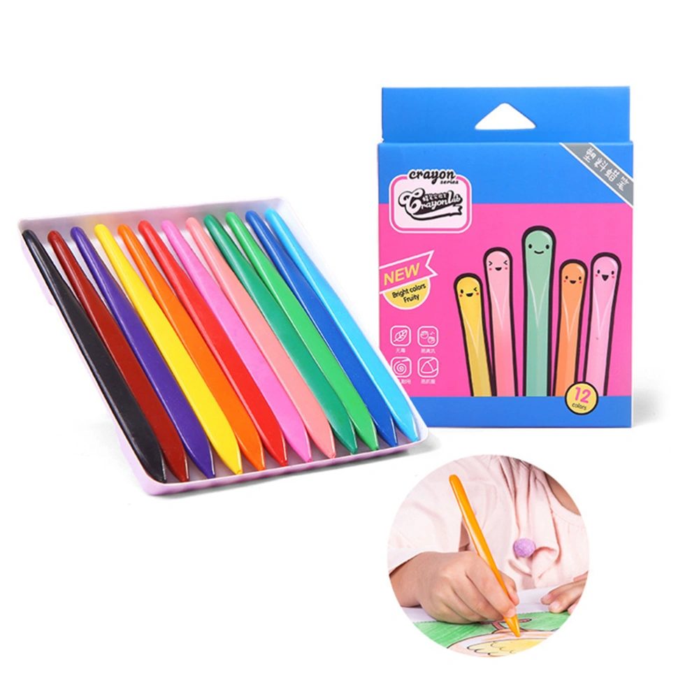 1 Set 12 Colors Creative Cartoon Crayon Triangle Crayon Pen Portable Crayon Painting Colour Pen for Kids (Blue + Rosy + Black)