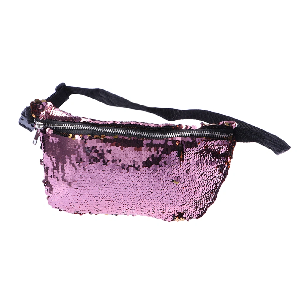 Double Color Sequins Waist Bag Casual Outdoor Sports Bag (Gold + Pink)