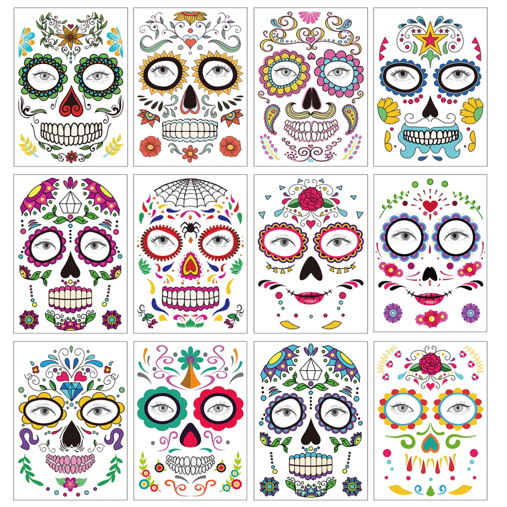 12 Sheets Halloween Temporary Face Tattoos Skull Face Stickers (Random Style)