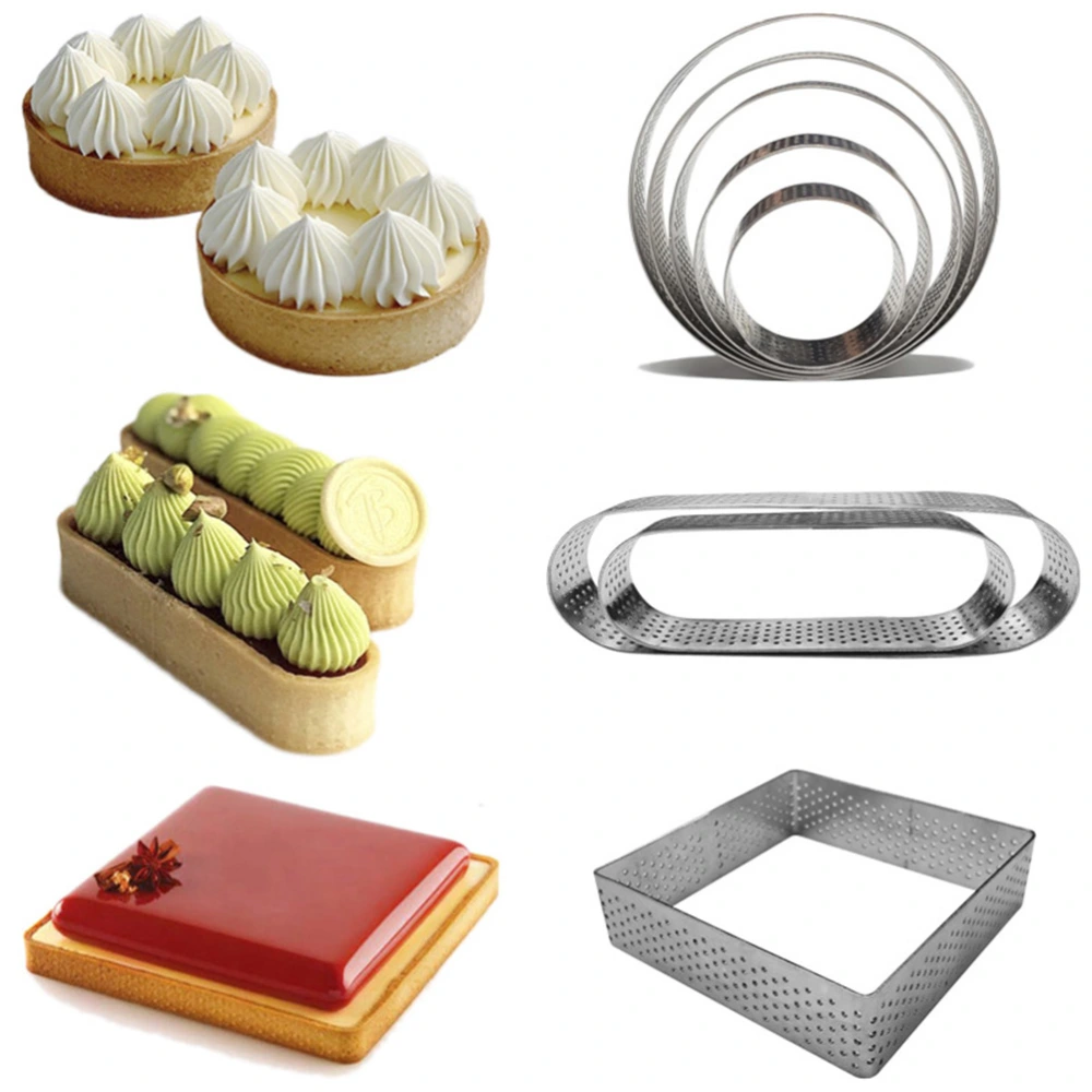 3pcs Stainless Steel Tart Rings Perforated Mousse Cake Mold Pastry Mould Baking Tools (7cm Round+7.5cm Square+9.49cm Oval)