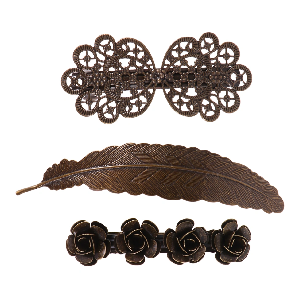 3pcs Retro Spring Hairpins Copper Flower Feather Hair Clip Bobby Pin for Lady Girls