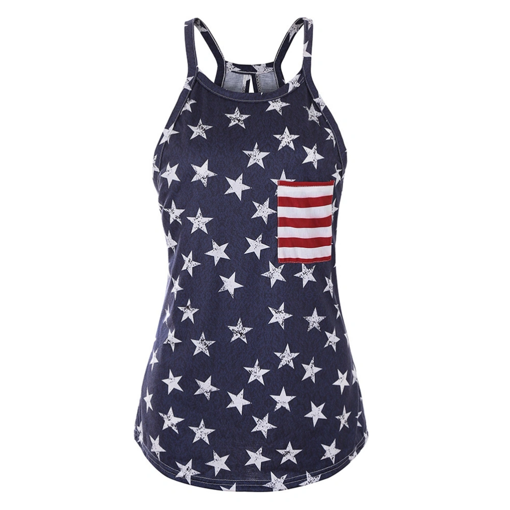 Summer Independence Day T-shirt Fashion Sleeveless T-shirt Five-pointed Star Printed Bowknot Vest (Navy Blue, Size S)