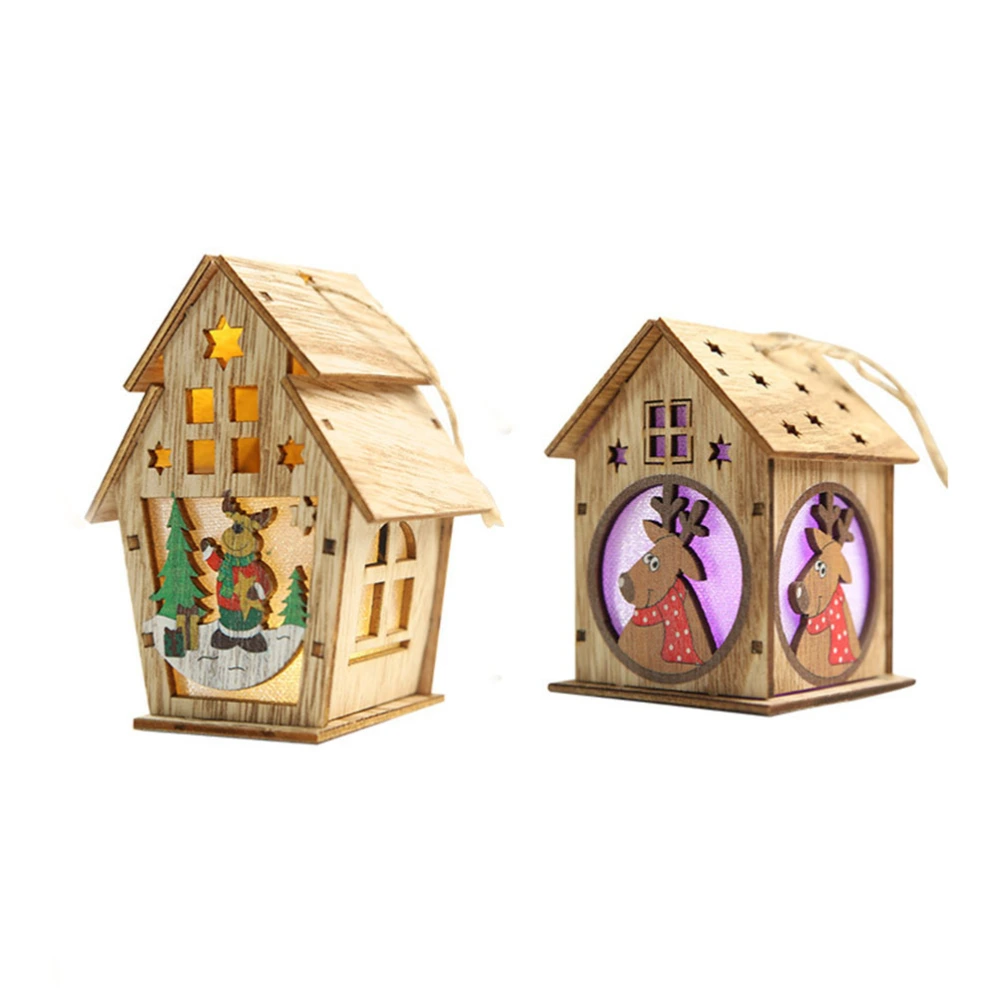 2PCS Christmas Tree House Shaped Pendants Xmas Glowing Wooden Cabin Hanging Ornaments (Monolayer Roof and Double Layer Roof S Elk for Each 1pc)