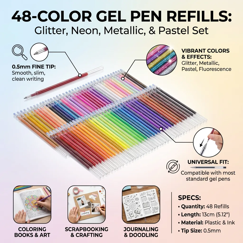 48 Colors 0.5mm Gel Ink Pen Refills Glitter Neon Set Craft Drawing Painting Coloring Books Gift