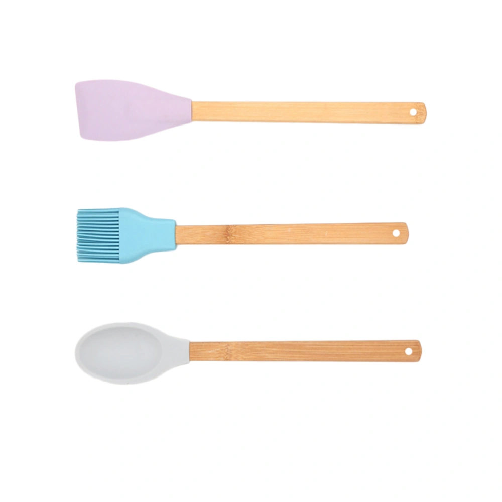 3pcs Baking Tools Heat Resistant Silicone Spatula Scraper Spoon Brush Set Kitchen Utensil with Wood Handle (Random Color)