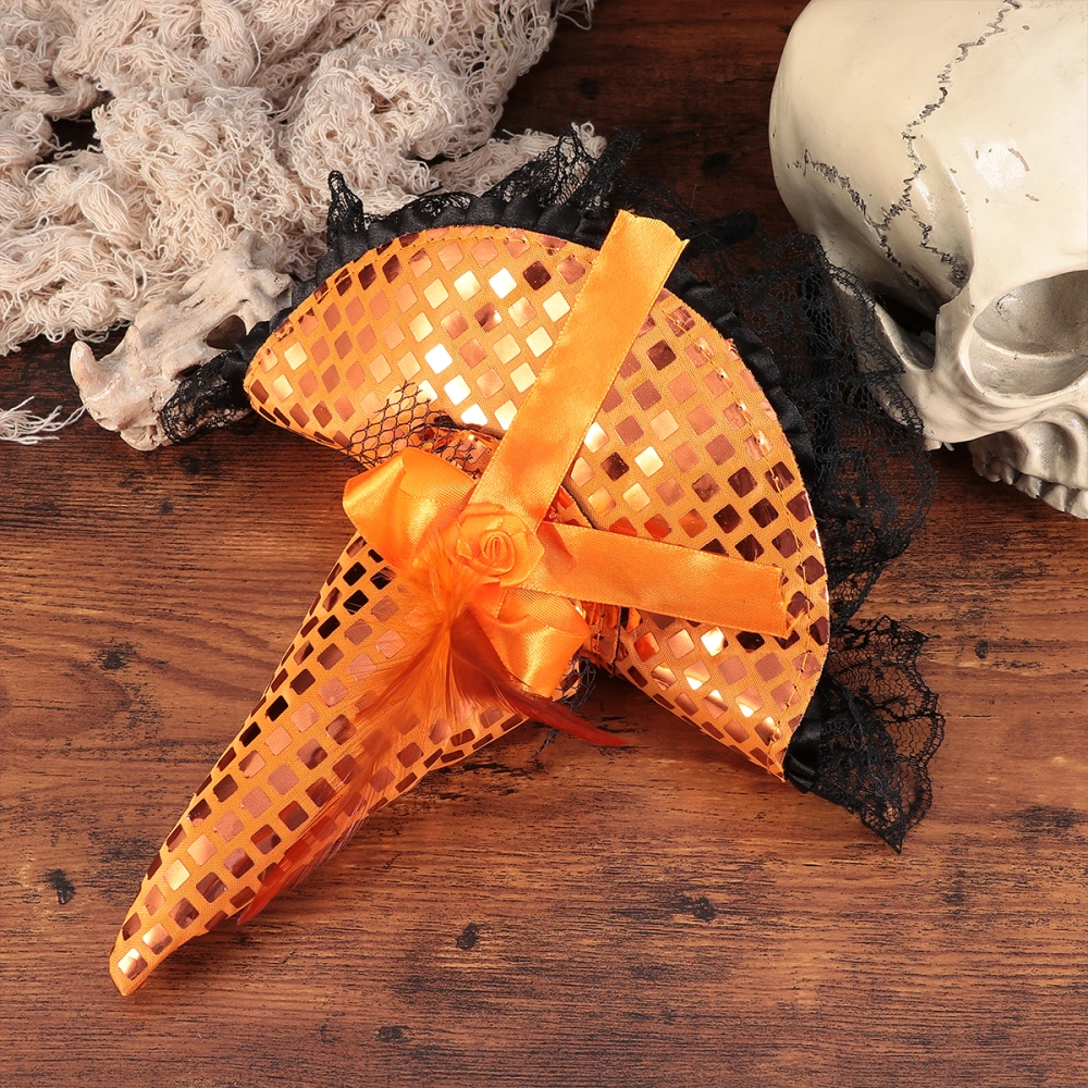 2pcs Halloween Hat Witch Headband Masquerade Party Head Wear Ruched Lace Sequin for Decoration Orange