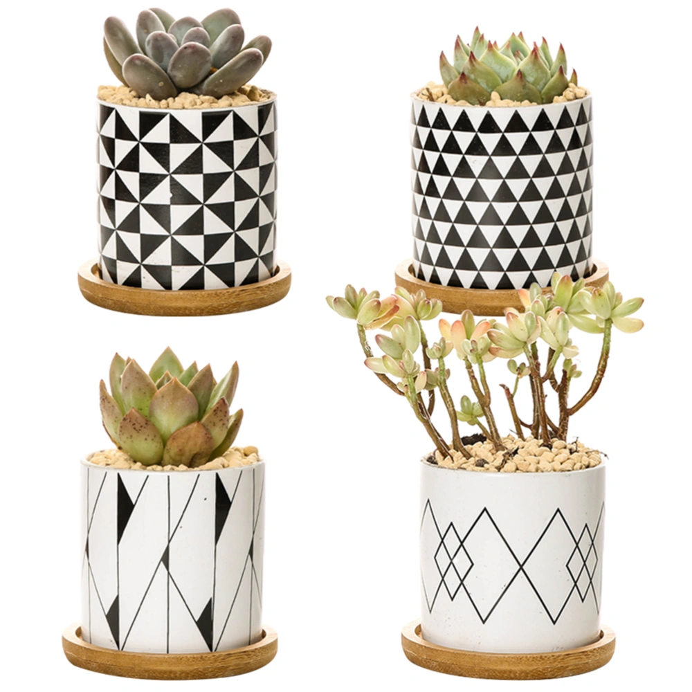 4pcs Succulent Plant Pot Modern Geometric Pattern Ceramic Flowerpot Mini Bonsai Pot with 4pcs Tray