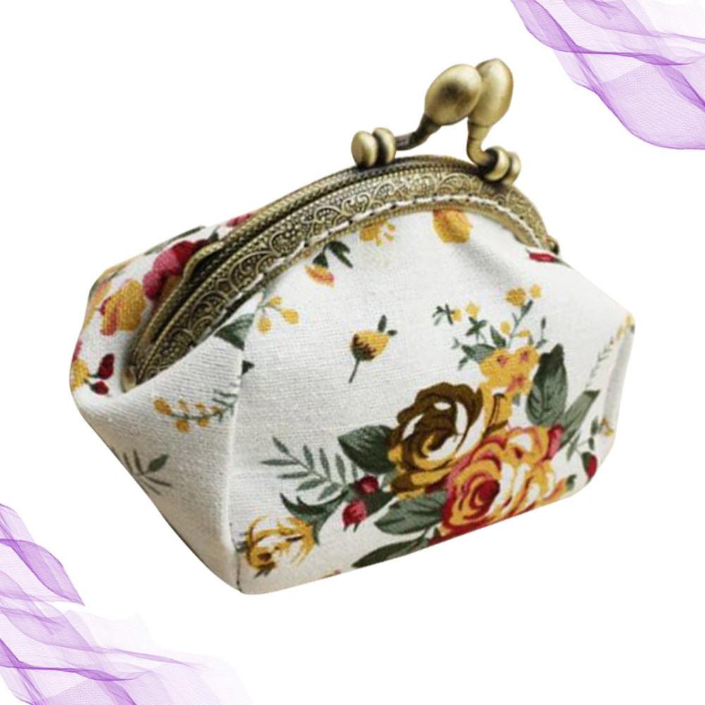 Flower Pattern Purse Creative Vintage Coin Bag Buckle Small Wallet Girls Fashion Portable Change Purse (White)