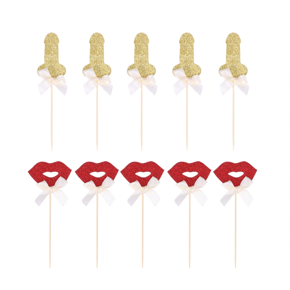 20 Pcs Cake Toppers Red Lips with Bow-knot Designed Cake Fruit Picks Dessert Table Decorative Supplies for Single Party