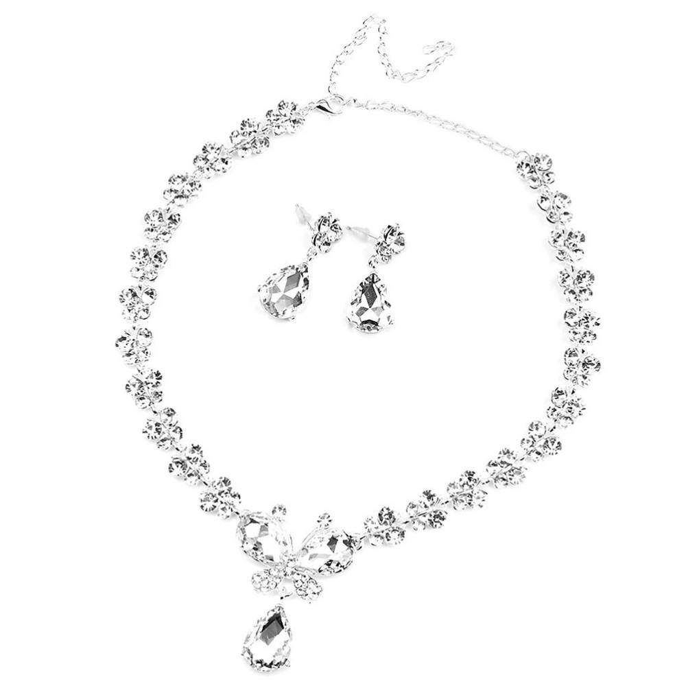 Wedding Bridal Style Crystal Rhinestone Necklace Earrings Set (Sliver)