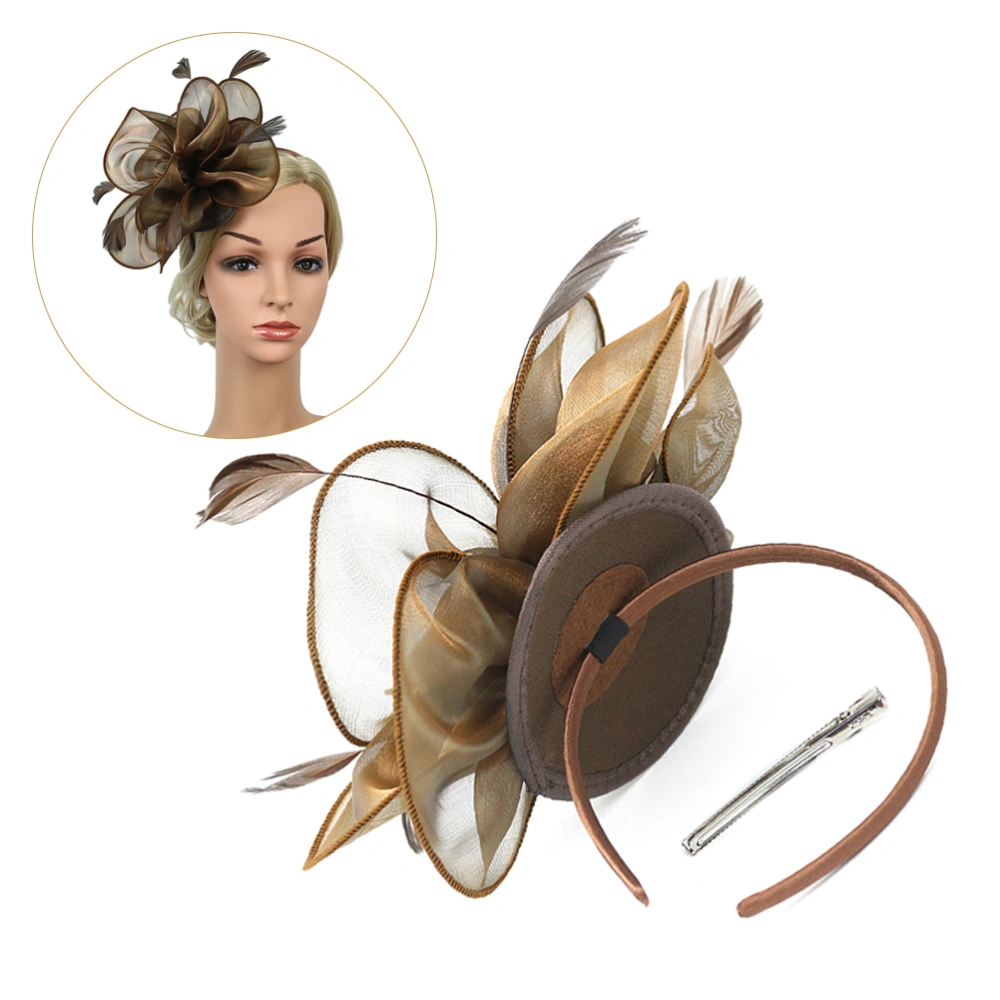 Feathers Head Band Handmade Organza Headband Wedding Hair Accessiores Headdress (Coffee)