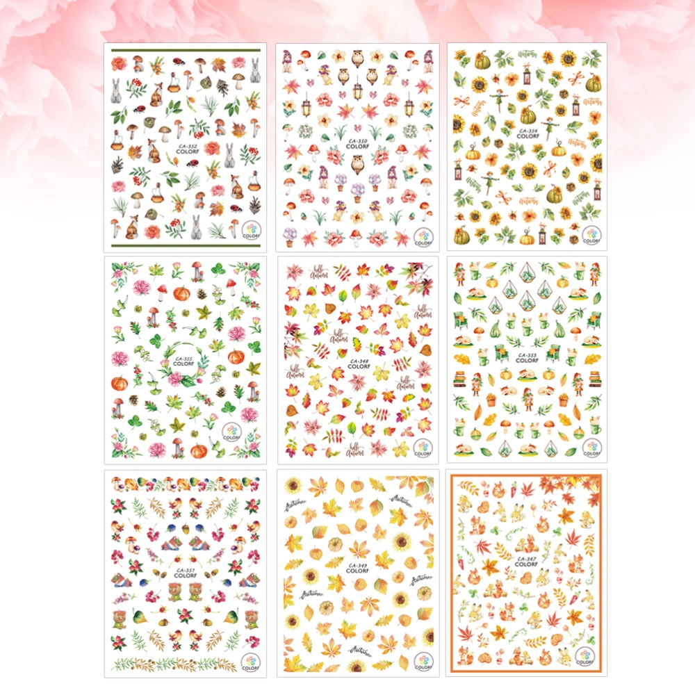 9 Sheets Nail Art Stickers Autumn Themed Nail Decals Maple Leaf Nail Pastes DIY Manicure Supplies