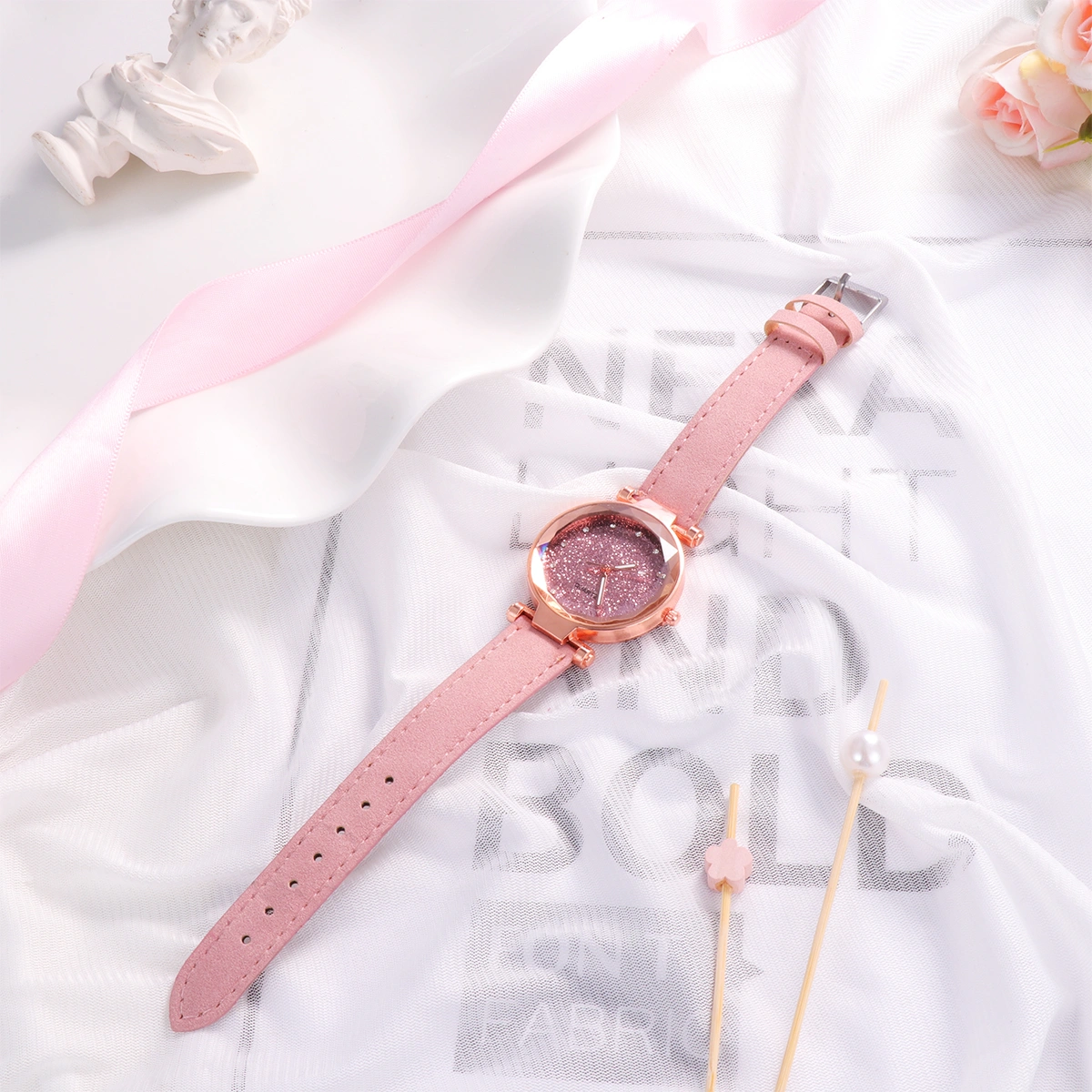 2Pcs Starry Sky Designed Women Watch Fashion Quartz Watch Glittering Wrist Watch (Green and Pink)
