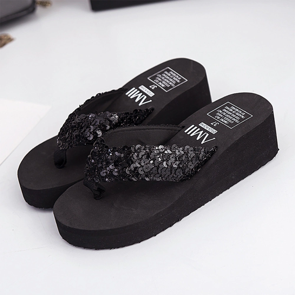 Women's Glitter Platform Sandals Shiny Thong Sandals Non-slip Wedge Heel Flops Size 40 (Black)