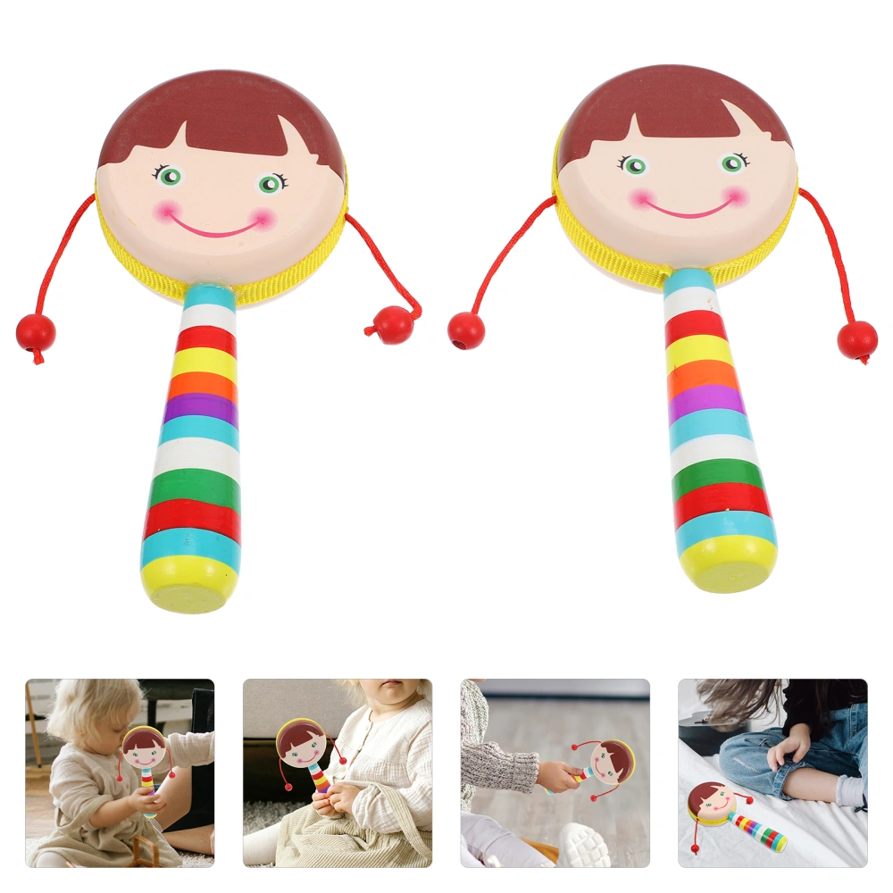 2Pcs Cartoon Design Rattle Toy Wood Hand Rattle Toy Baby Handheld Rattle Toy Musical Toy