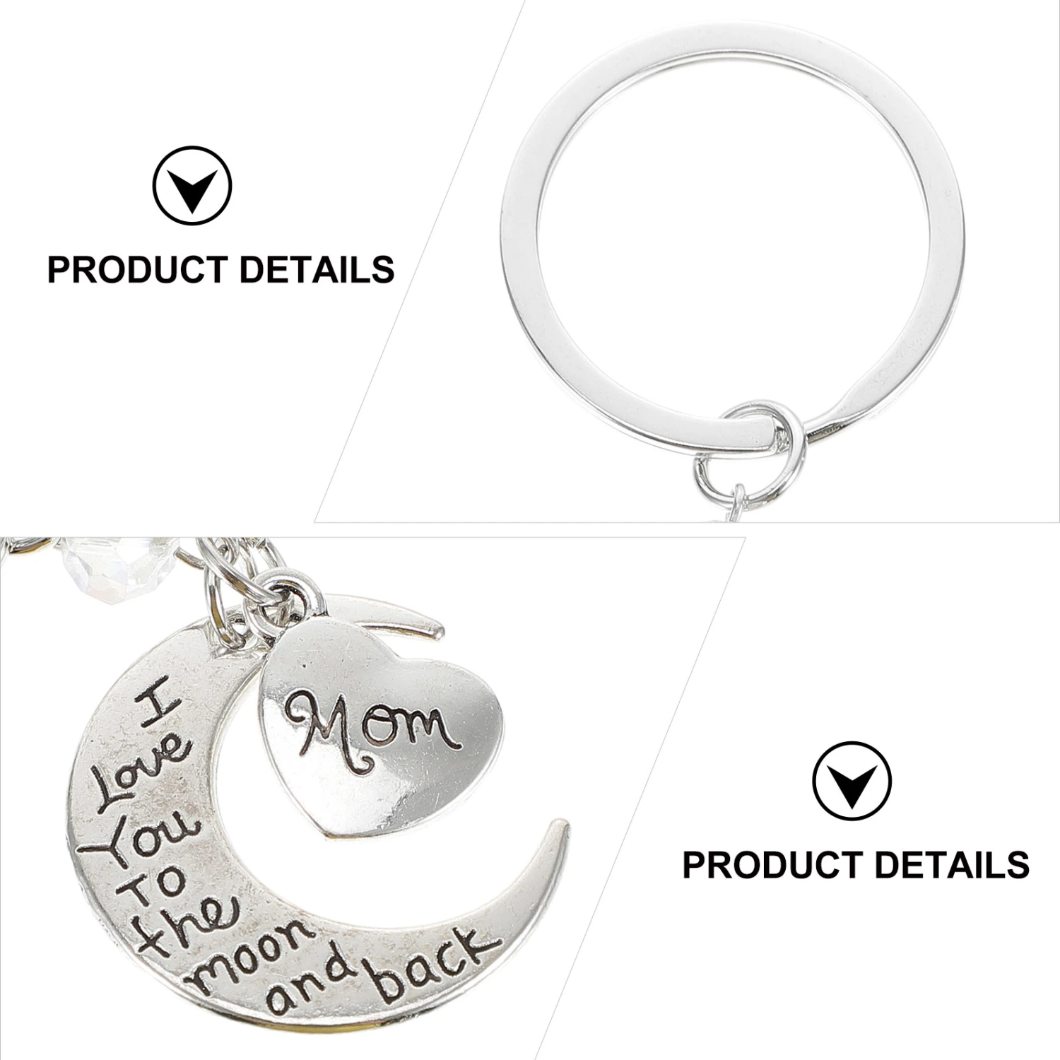 I Love Mom Letters Moon and Heart Pendant Mother's Day Keychains Gifts for Women Pendant Keyring (Silver)