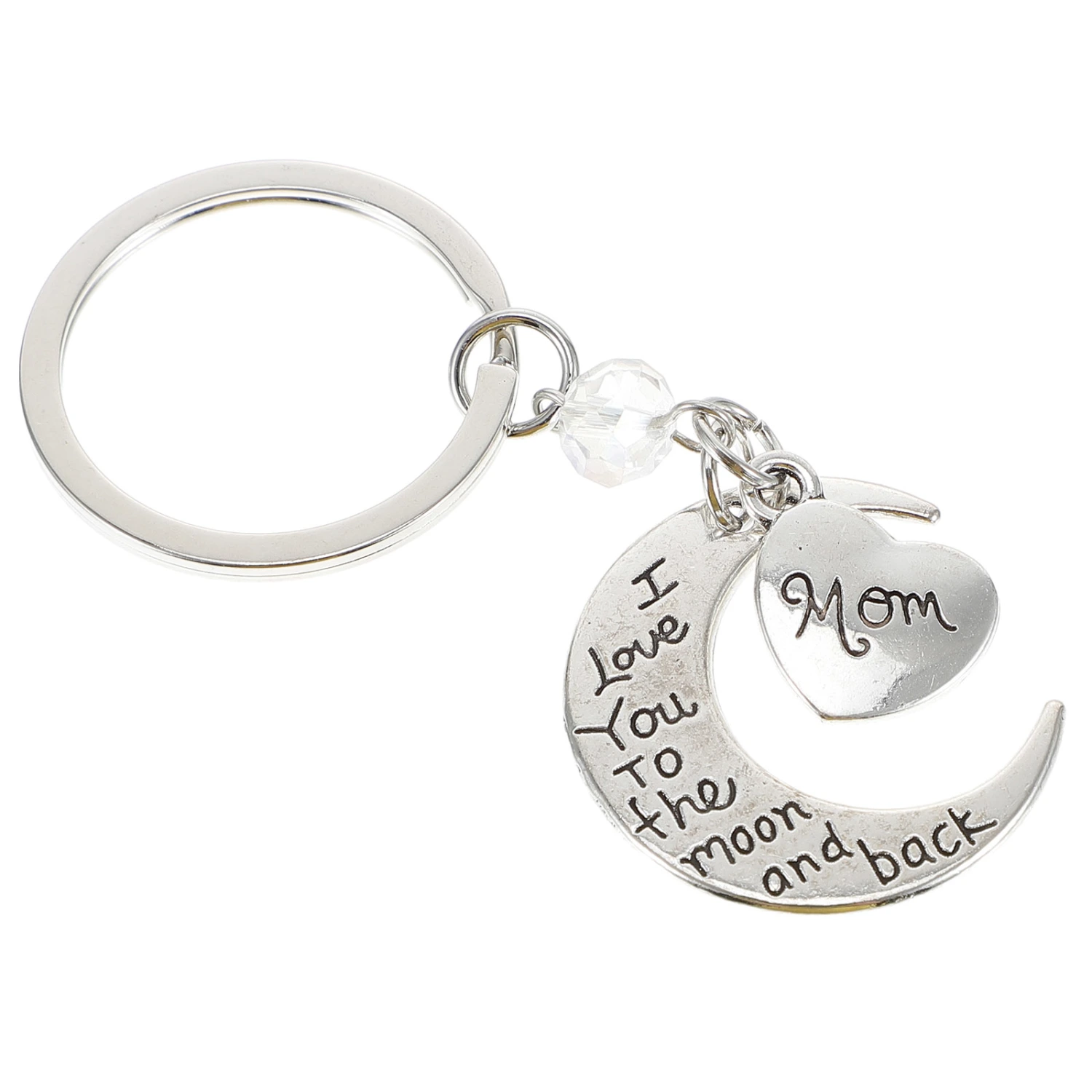 I Love Mom Letters Moon and Heart Pendant Mother's Day Keychains Gifts for Women Pendant Keyring (Silver)