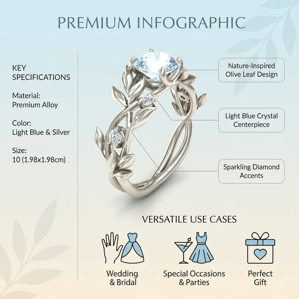 Ring Stylish Hot Flower Olive Leaf Shape Finger Ring Crystal Blue Diamond Ring Jewelry for Women -Size 10 (Light Blue)