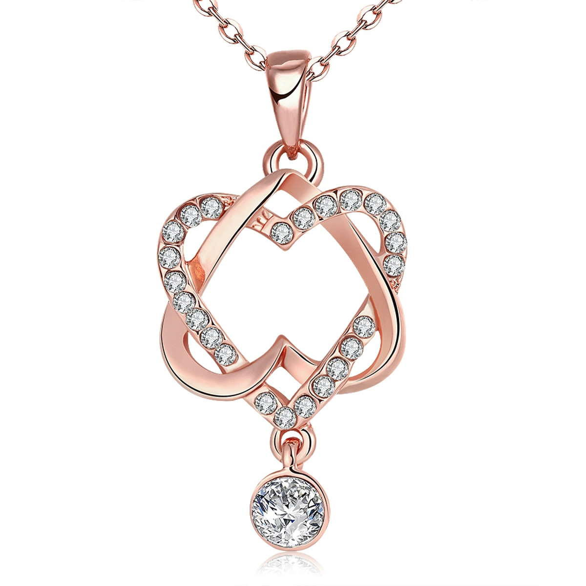 Rose Gold Plated Double Love Heart Pendant Zircon Necklace Crystal Jewelry for Friend And Lovers