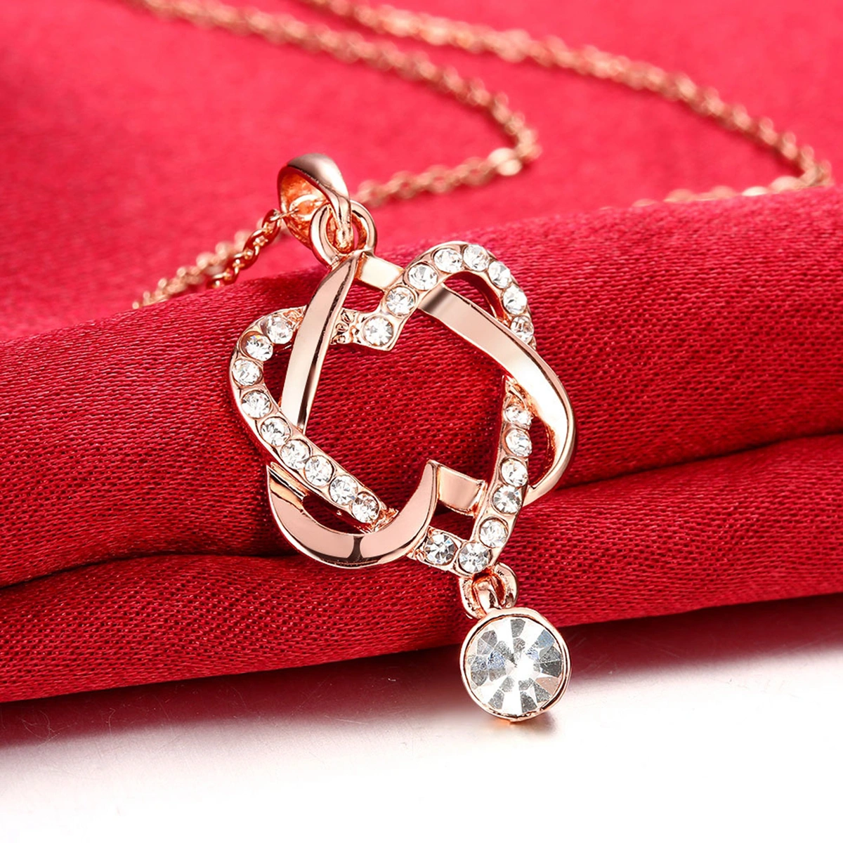 Rose Gold Plated Double Love Heart Pendant Zircon Necklace Crystal Jewelry for Friend And Lovers