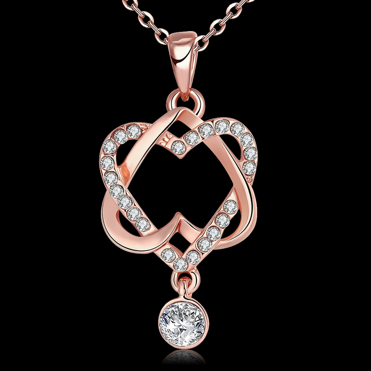 Rose Gold Plated Double Love Heart Pendant Zircon Necklace Crystal Jewelry for Friend And Lovers