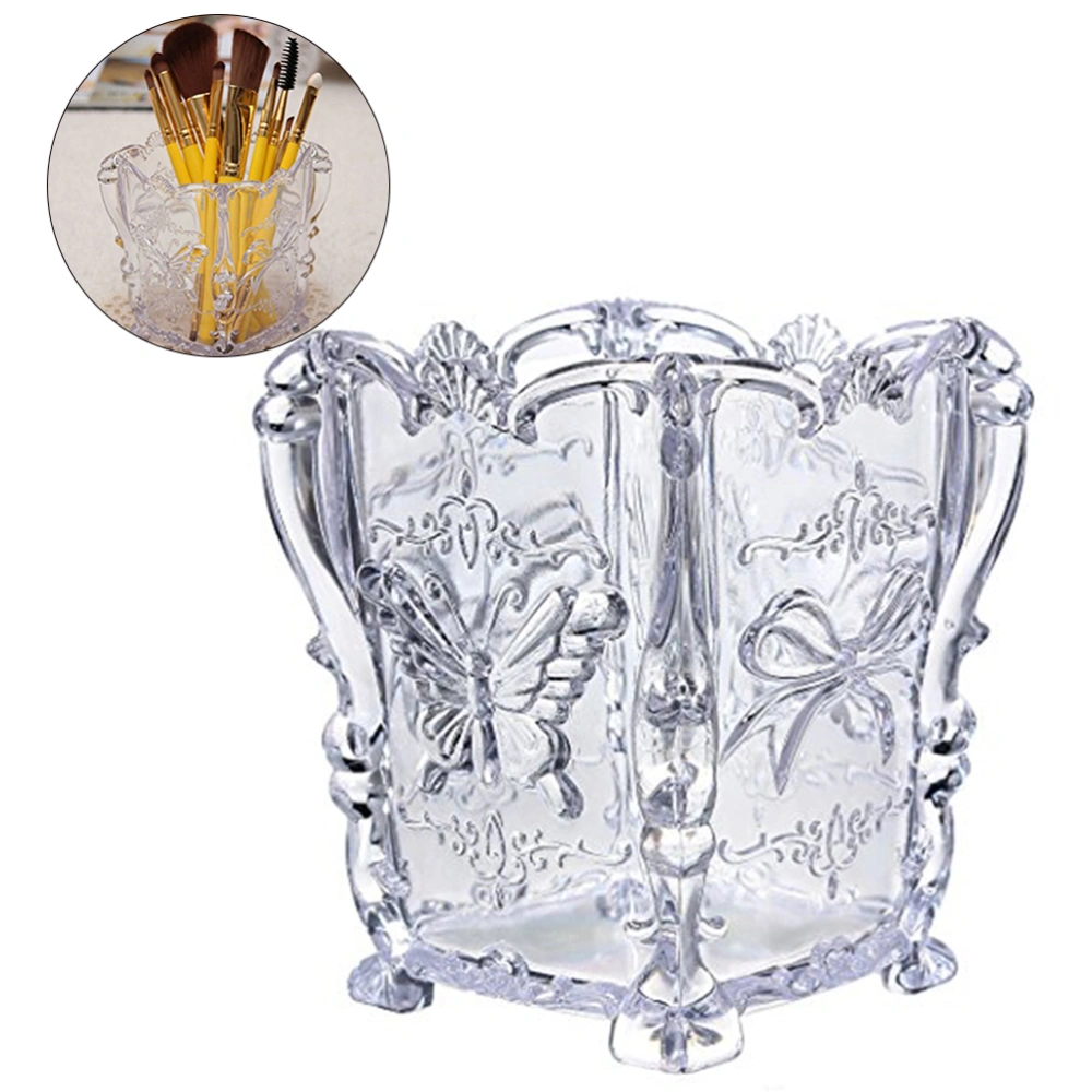 Acrylic Makeup Brush Container Cup Carved Cosmetic Brush Pot Storage Holder Organizer (Transparent)