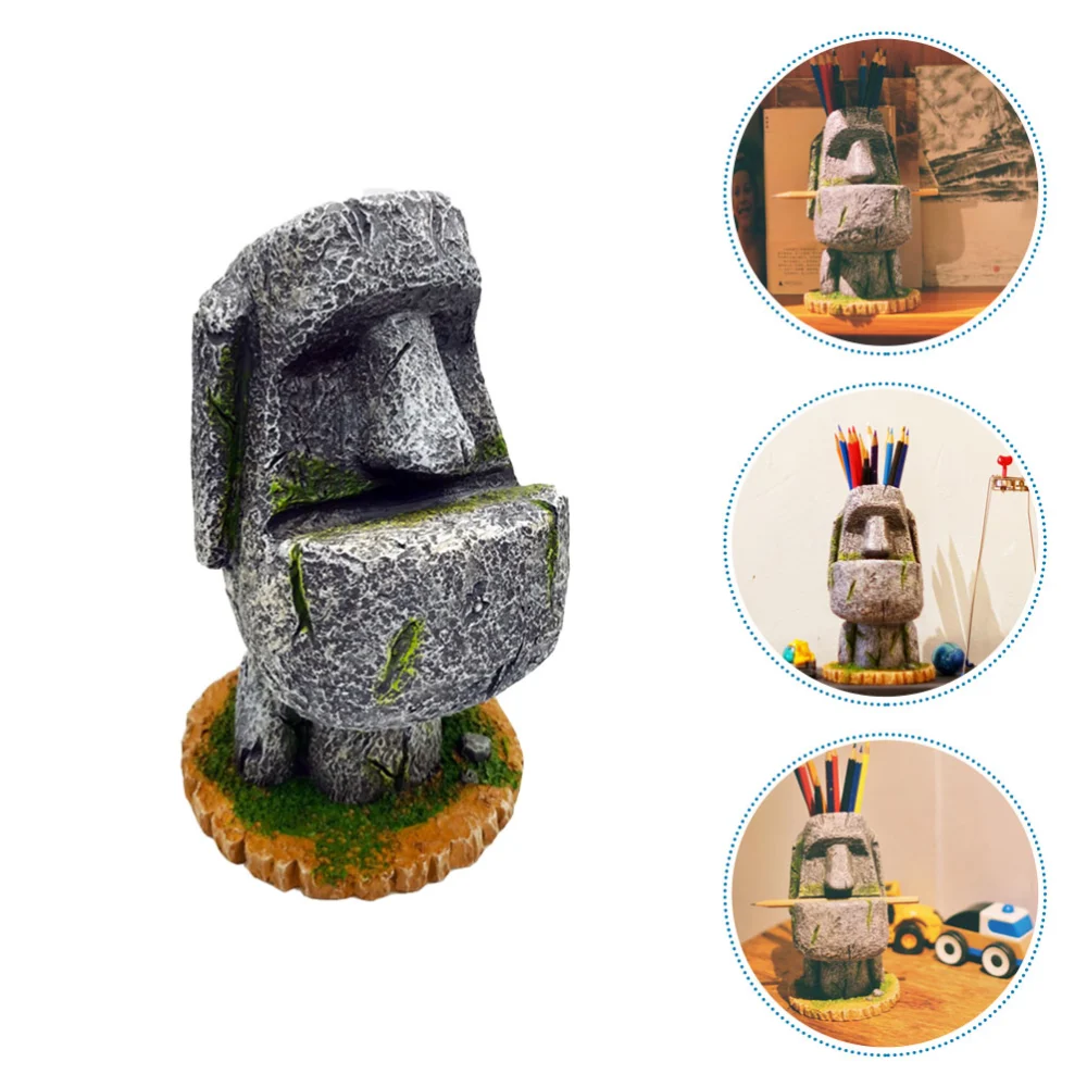 1Pc Decorative Pen Holder Stone Statue Pen Holder Moai Statue Design Pen Container