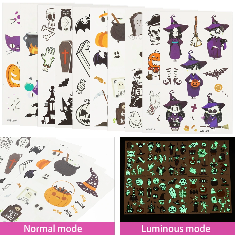 10pcs Halloween Stickers Children Spider Pumpkin Facial Fluorescent Cartoon Luminous Sticker (Random Color)