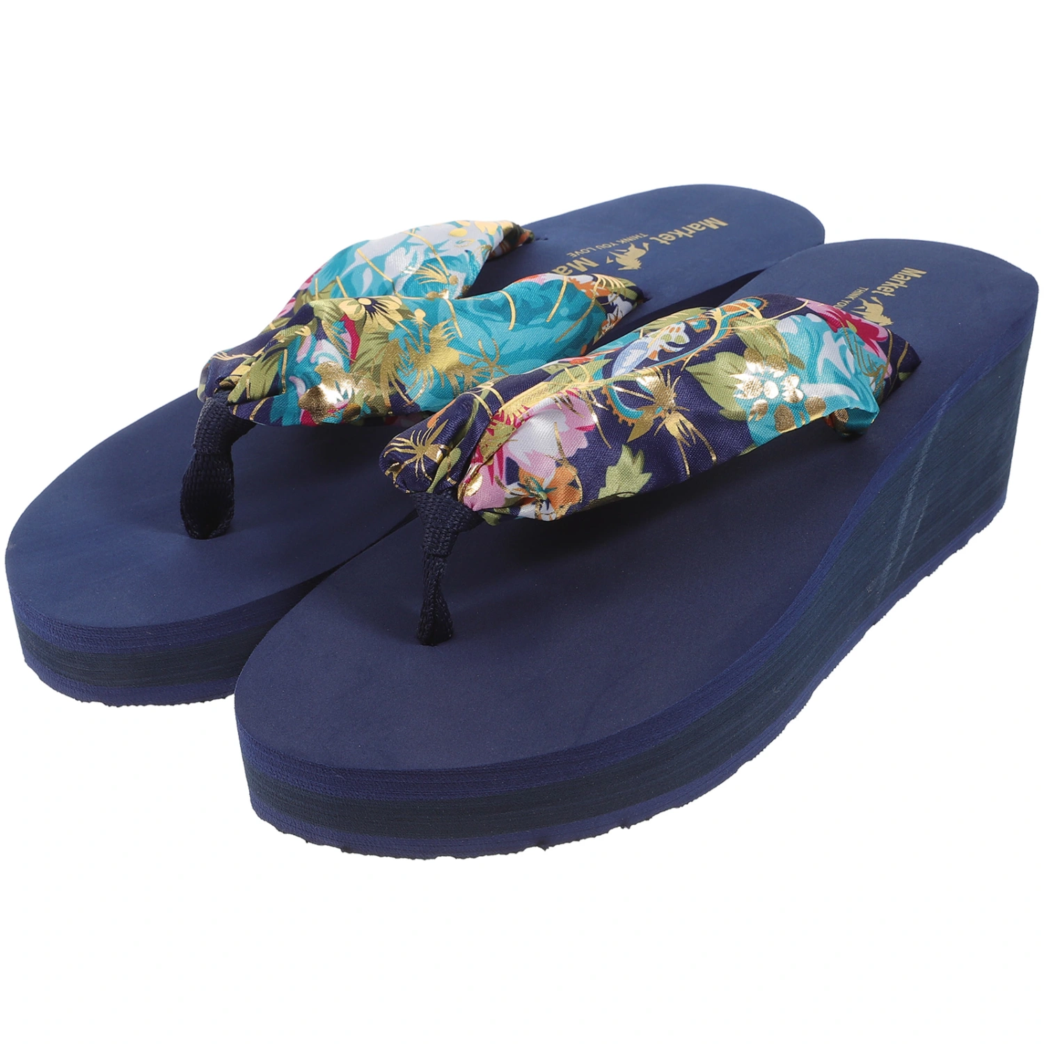 1 Pair of Flip-flops Summer Platform Shoes Bohemia Style Silks Satins Beach Shoes Wedge Slippers - Size 38 7US 4.5UK 38EU (Dark Blue)
