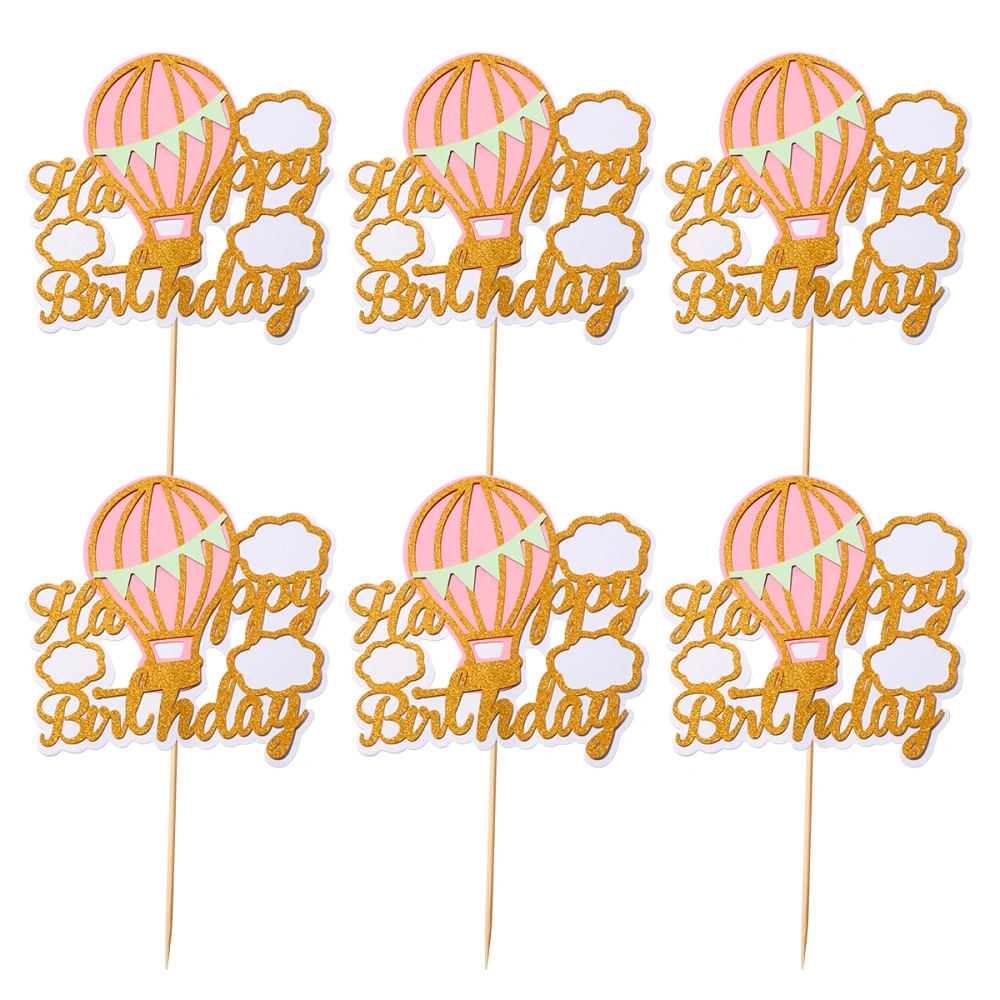 6pcs Pink Hot Air Balloon Cake Picks Paper Cloud Cake Toppers Dessert Fruit Insert Birthday Cupcake Decoration Theme Party Cake Favor