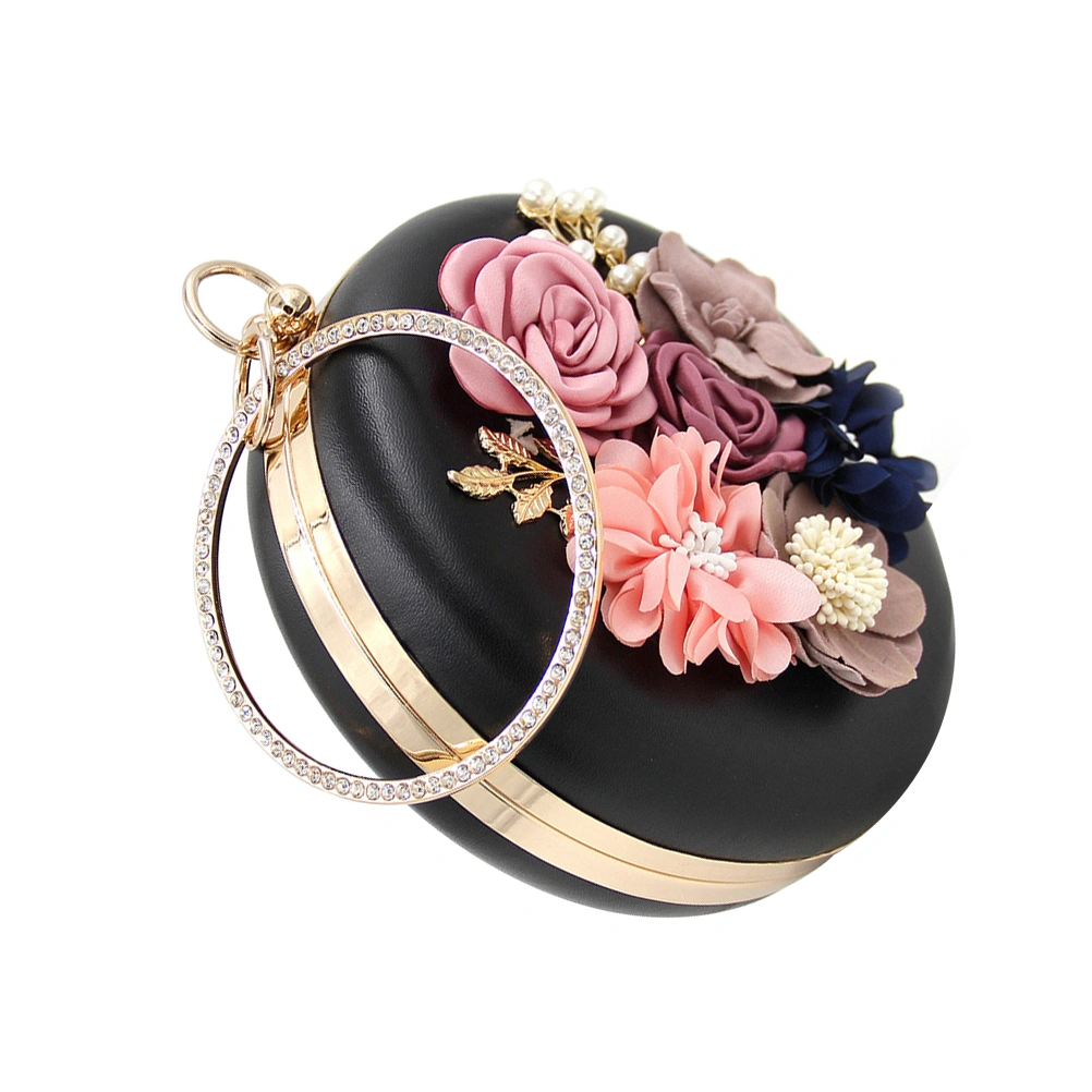 Women's Satin Flower Evening Clutch Bag Pearl Beaded Clutch Bags Strap Floral Clutch Handbag (Black)