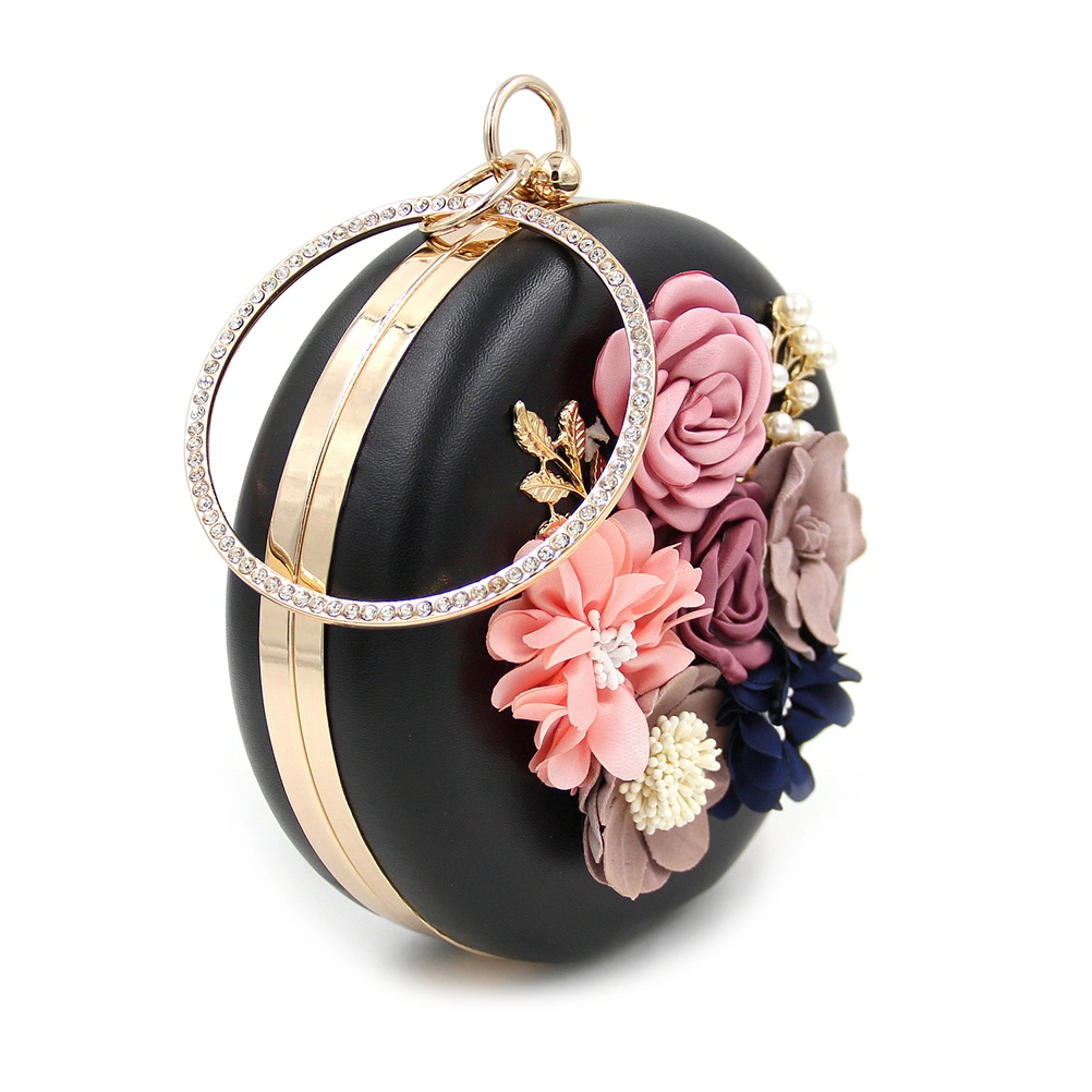 Women's Satin Flower Evening Clutch Bag Pearl Beaded Clutch Bags Strap Floral Clutch Handbag (Black)