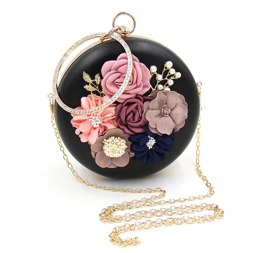 Women's Satin Flower Evening Clutch Bag Pearl Beaded Clutch Bags Strap Floral Clutch Handbag (Black)