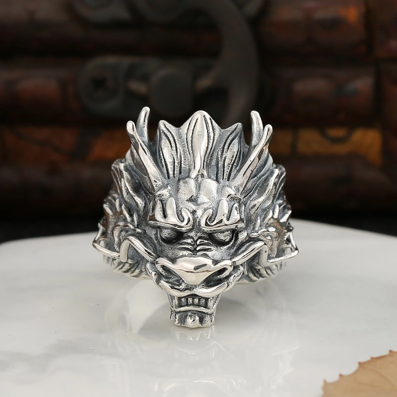 S925 Sterling Silver Vintage Zodiac Dragon Head Ring