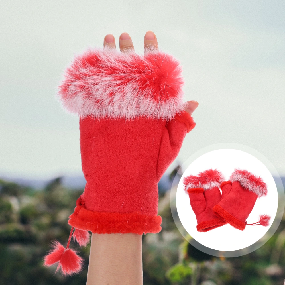 1 Pair Warm Rabbit Fur Half Finger Gloves Fingerless Gloves Mittens for Winter