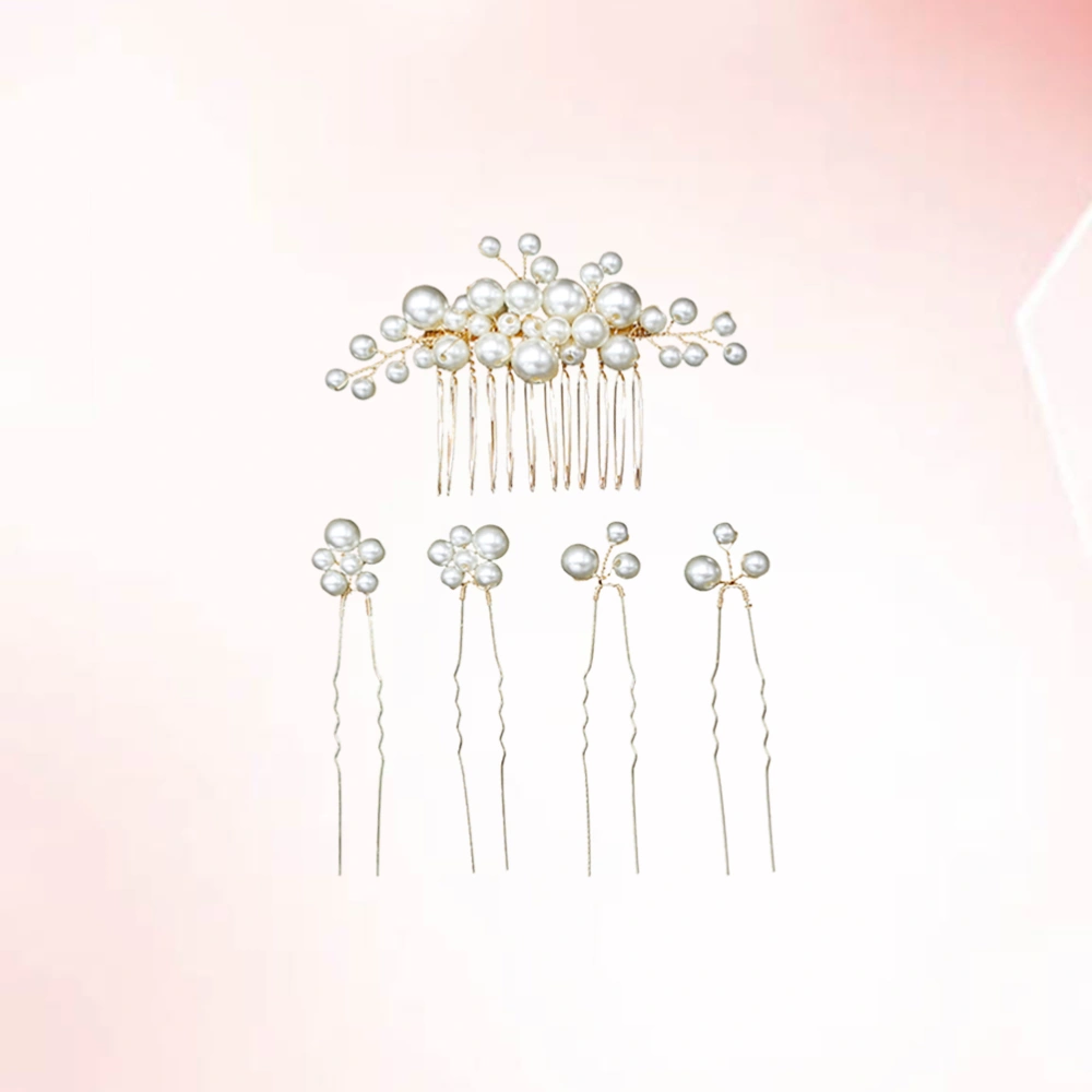 1pcs Hair Comb and 4pcs Hairpins Vintage Baroque Pearl Beaded Jewelry Set for Wedding Bride Party