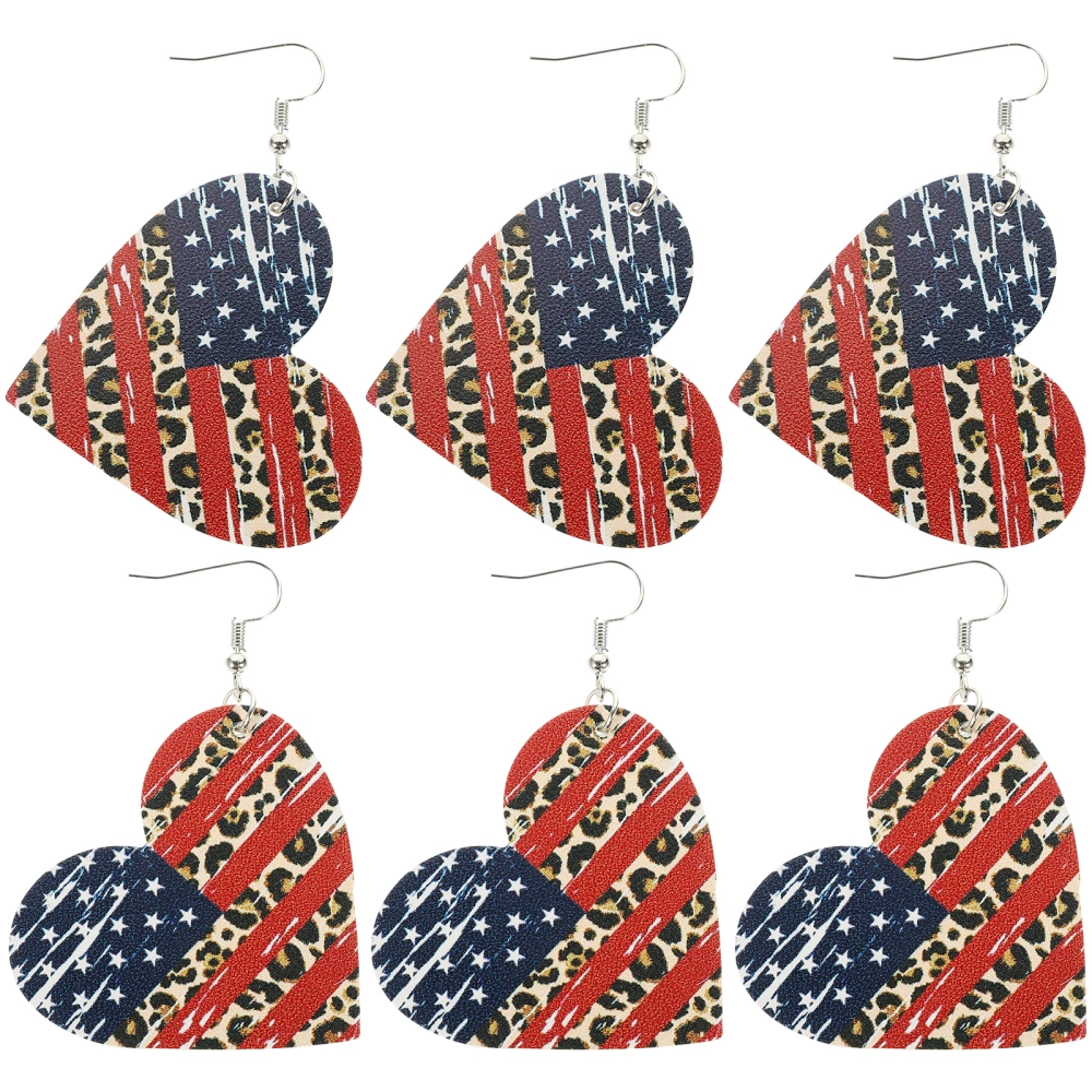 3 pairs of Independence Day Ear Danglers Heart Shape Earrings Party Jewelry