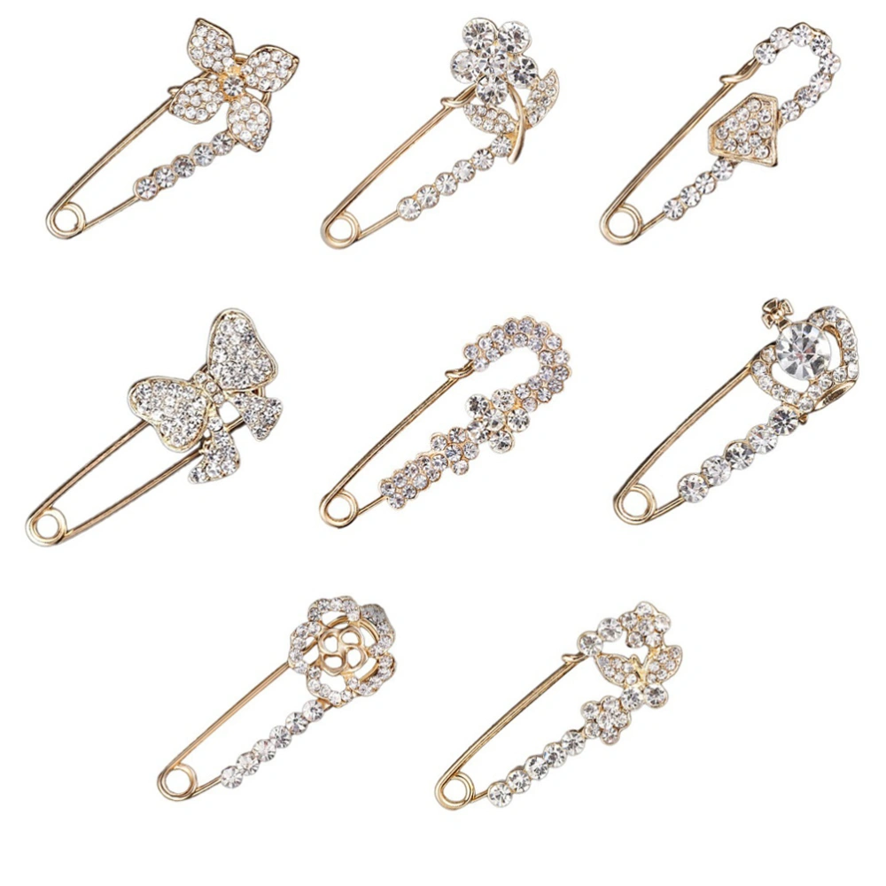 8pcs Rhinestone Brooch Safety Pin Delicate Sweater Shawl Pin Clothing Accessory (Assorted Style)